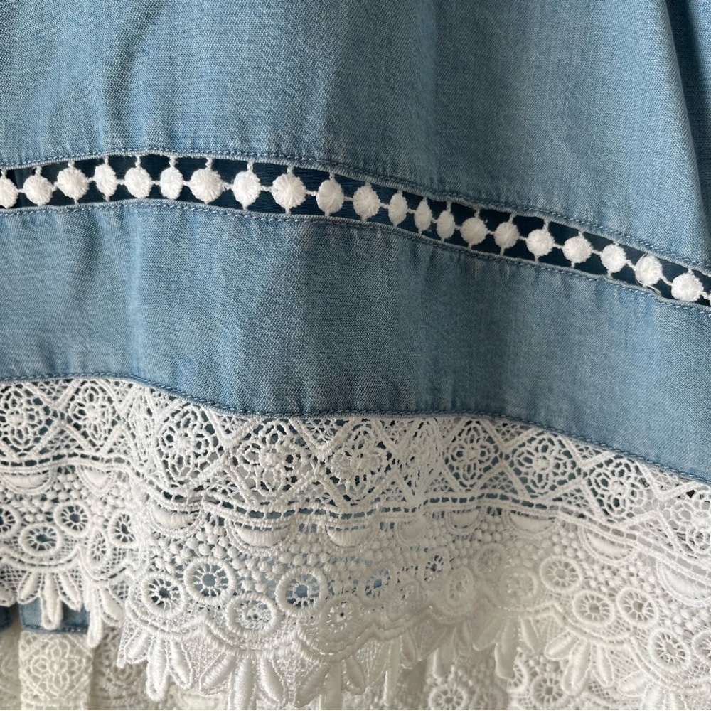 Forever New Blue Denim-like & Lace Top Size 12 - Picture 3 of 7